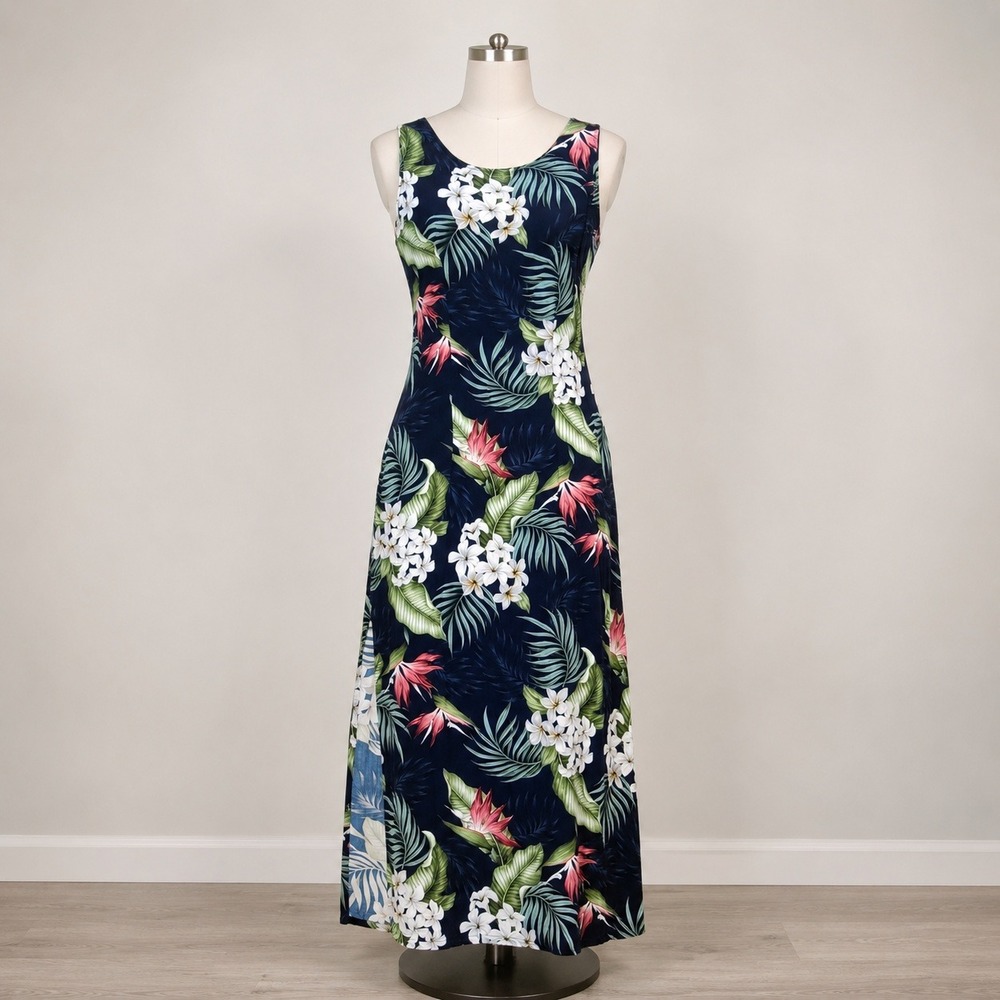 Vintage Bishop St  Womens Tropical Floral Maxi Dress Hawaiian Blue M USA 90s